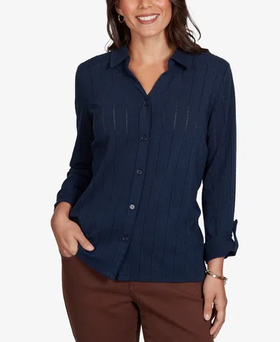 Ruby Rd. Petite Striped 3/4-sleeve Henley Collar Blouse In Navy