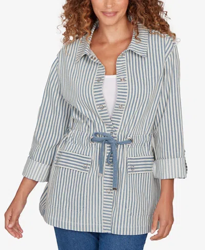Ruby Rd. Petite Striped Anorak Snap Front Jacket In Blue