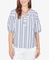 Ruby Rd. Petite Striped Cotton Poplin Elastic-cuff Top In Multi
