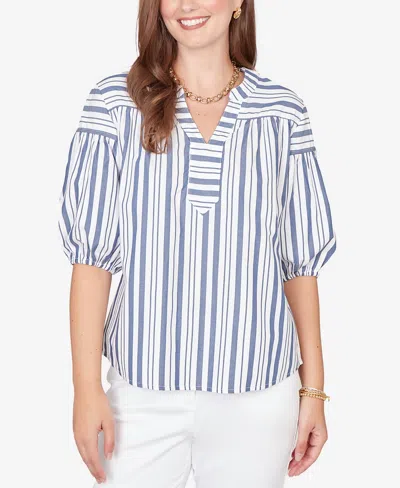 Ruby Rd. Petite Striped Cotton Poplin Elastic-cuff Top In Multi