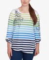 Ruby Rd. Petite Striped Embellished Three Quarter Sleeve Top In True Navy Multi