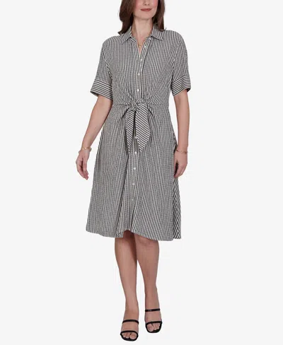 Ruby Rd. Petite Striped Gauze Tie Waist Shirt Dress In Gray