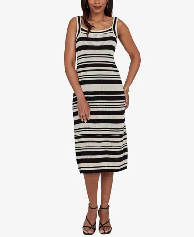 Ruby Rd. Petite Striped Mesh Sleeveless Sweater Dress In Black