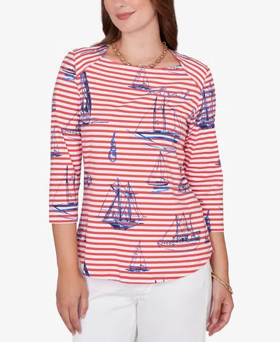 Ruby Rd. Petite Striped Sailboat Knit Top In Red