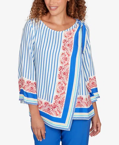Ruby Rd. Petite Striped Scarf Print Tie Shoulder Top In Blue