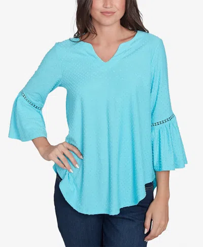 Ruby Rd. Petite Swiss Dot Solid Flounce Sleeve Top In Capri