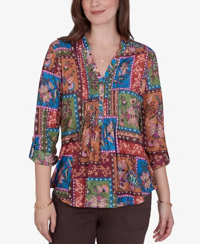 Ruby Rd. Petite Tapestry Top 3/4-sleeve Floral-print Button-front Blouse In Multi