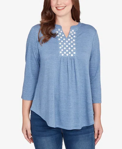 Ruby Rd. Petite Textured Knit Embellished Top In Blue
