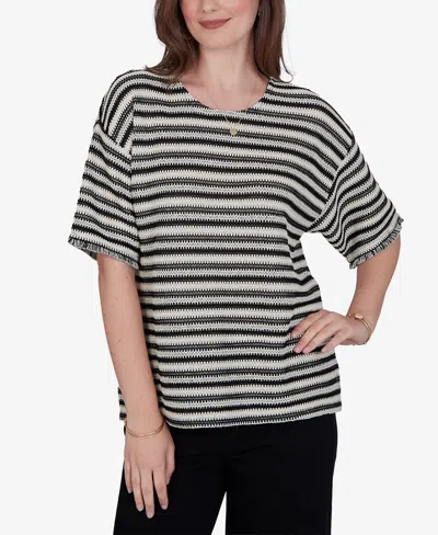 Ruby Rd. Petite Textured Stripe Fringe Sleeve T-shirt In Black