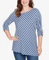 Ruby Rd. Petite Textured Stripe Roll Tab Sleeve Top In Blue