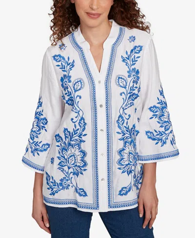 Ruby Rd. Petite Tidal Embroidered Button Front Top