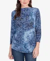 Ruby Rd. Petite Tie Dye Scroll Floral Hatchi Top In Blue