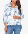 Ruby Rd. Petite Toile Print Button-front Denim Jacket In Blue