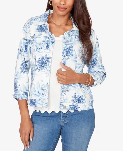 Ruby Rd. Petite Toile Print Button-front Denim Jacket In Blue