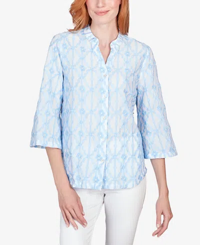 Ruby Rd. Petite Trellis Embroidered Cotton Button Front Top In Atlantic Multi