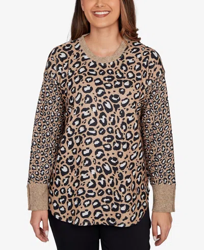 Ruby Rd. Petite Trimmed Cozy Animal Print Sweater In Brown