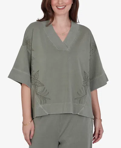 Ruby Rd. Petite Tropical Embroidered Knit Top In Green