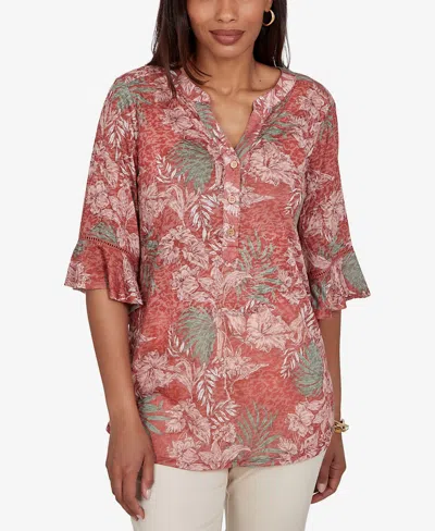 Ruby Rd. Petite Tropical Floral Burnout Split Neck Top In Brown