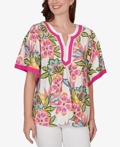 Ruby Rd. Petite Tropical Floral Trim Detail Top In Multi