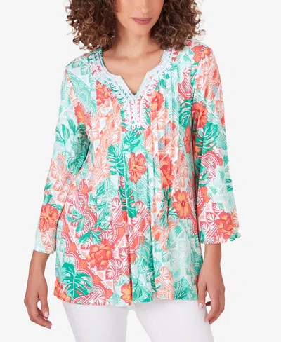 Ruby Rd. Petite Tropical Island 3/4 Sleeve Top In Punch Multi