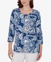 Ruby Rd. Petite Tropical Patchwork Scoop Neck Knit Top In Blue