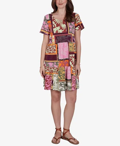 Ruby Rd. Petite Tropical Patchwork Stretch Pocket Dress In Brown