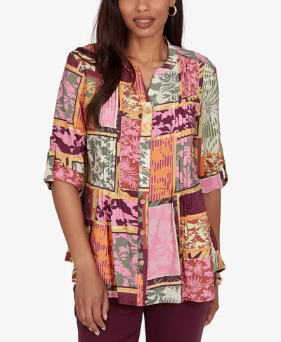 Ruby Rd. Petite Tropical Patchwork Voile Button Front Top In Purple
