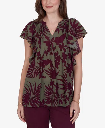 Ruby Rd. Petite Tropical Print Gauze Flutter-sleeve Top In Brown