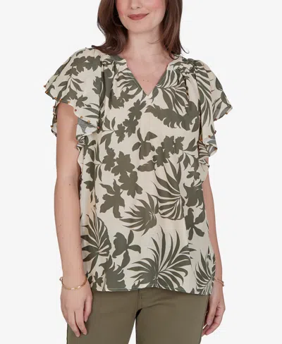 Ruby Rd. Petite Tropical Print Gauze Flutter-sleeve Top In Green