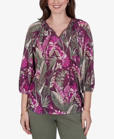 Ruby Rd. Petite Tropical Print Knit Tassel Top In Multi