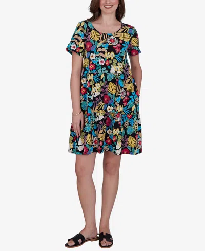 Ruby Rd. Petite Tropical Print Tiered Cotton Knit Pocket Dress In Multi