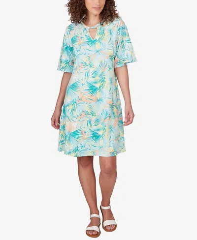 Ruby Rd. Petite Tropical Puff Print Dress In Blue