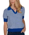 Ruby Rd. Petite Two-tone Collared Elbow-sleeve Sweater In Cobolt Multi