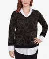 Ruby Rd. Petite V-neck Metallic Floral Layered Shirt Collar Sweater In Black,gold