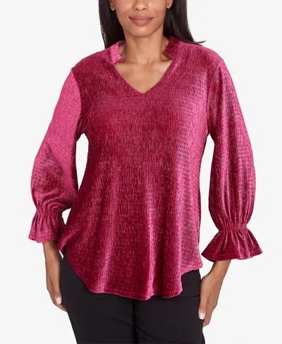 Ruby Rd. Petite V-neck Smocked Velvet Blouse In Beet