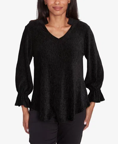 Ruby Rd. Petite V-neck Smocked Velvet Blouse In Black