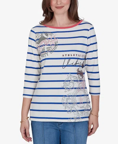 Ruby Rd. Petite Varsity Striped 3/4-sleeve Boat-neck Tee In White