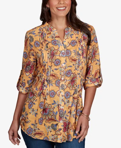 Ruby Rd. Petite Vines Henley 3/4-sleeve Button-front Top In Brown