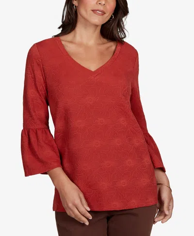 Ruby Rd. Petite V-neck Floral-print Bell-sleeve Top In Red