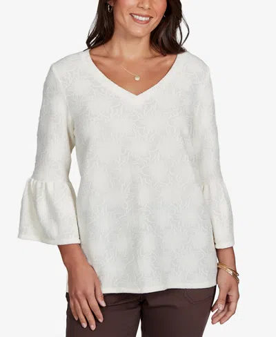 Ruby Rd. Petite V-neck Floral-print Bell-sleeve Top In Neutral