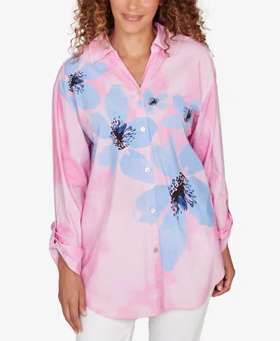 Ruby Rd. Petite Watercolor Floral Collared Top In Pink