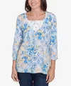 Ruby Rd. Petite Watercolor Floral Patchwork Square Neck Top In Bluebird Multi