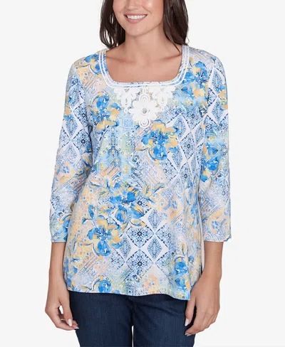 Ruby Rd. Petite Watercolor Floral Patchwork Square Neck Top In Bluebird Multi