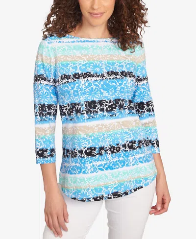 Ruby Rd. Petite Watercolor Floral Stripe Top In Lagoon Multi