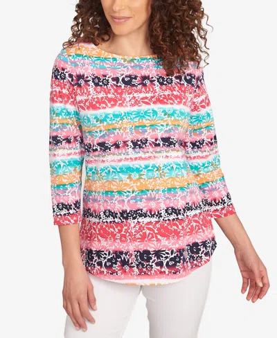 Ruby Rd. Petite Watercolor Floral Stripe Top In Multi
