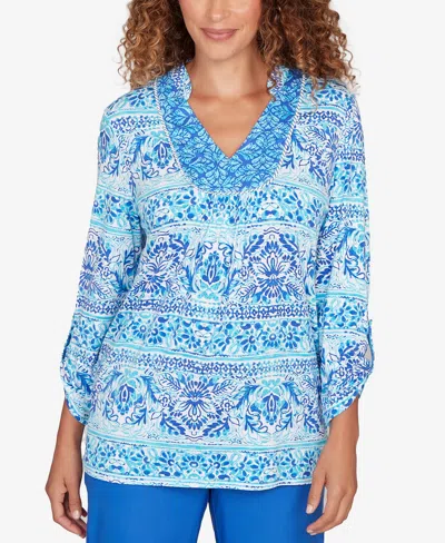 Ruby Rd. Petite Woodblock Twin Printed Knit Top In Blue