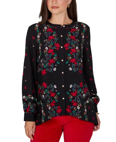 Ruby Rd. Petite Wov Floral Long-sleeve Blouse In Black
