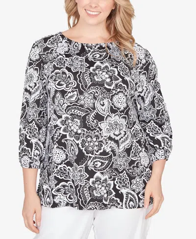 Ruby Rd. Plus Size 3/4 Sleeves Dotted Floral Puff Print Knit Top In Black