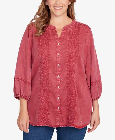 Ruby Rd. Plus Size Artisan Embroidered Button Front Top In Red