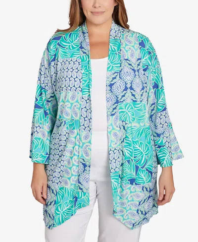 Ruby Rd. Plus Size Bali Patchwork Knit Cardigan Top In Blue